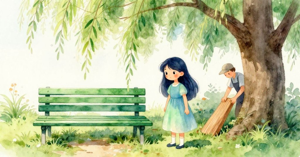 Mira於柳樹下注視著新漆綠色長椅，園丁輕拍示意讚賞，周圍散發自然生機與清新晨光。