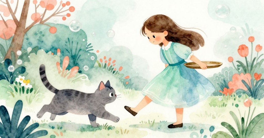 灰貓迅捷穿過花園，小貓擦過Mira腳踝，她微微驚訝卻鎮定，動感十足，展現真實互動。