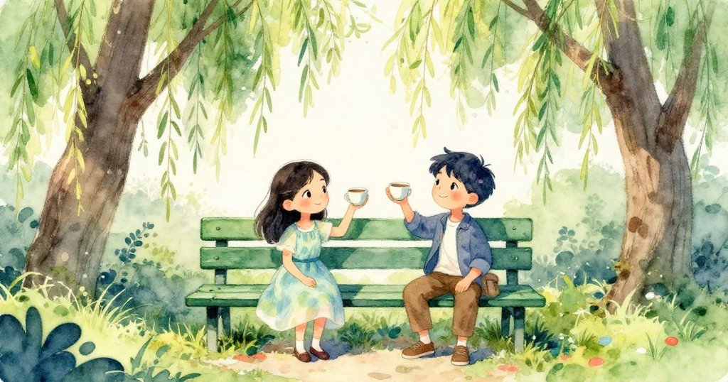 Mira與Leo於亮綠漆長椅旁相遇，互舉茶杯微笑，背景柳樹綠意盎然，充滿希望與分享喜悅。