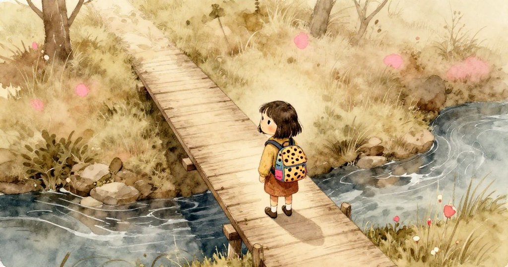 諾拉站在搖晃的木橋入口，背景為蜿蜒溪流和樹影，神情期盼且思索，展現冒險開始。