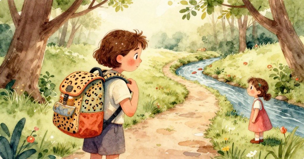 諾拉用手輕觸彩色背包特寫，豹點清晰，新鮮鬆餅隱現，散發溫馨家庭氣息。