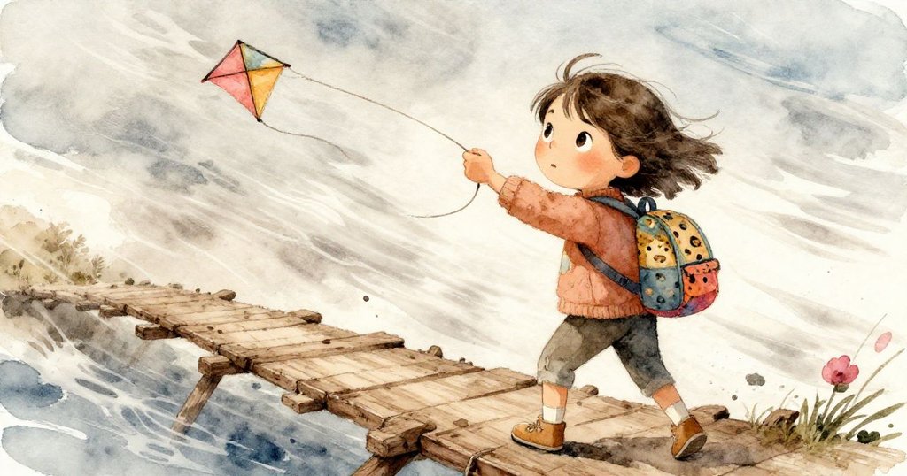 狂風吹拂木橋，諾拉緊抓風箏線側步前行，面露堅毅與挑戰情緒，展現克服難關的決心。