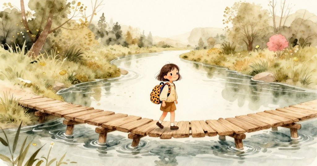 諾拉穩步抵達綠意河岸，背包內鬆餅完好，面帶欣慰笑容，安詳寧靜中完成冒險使命。