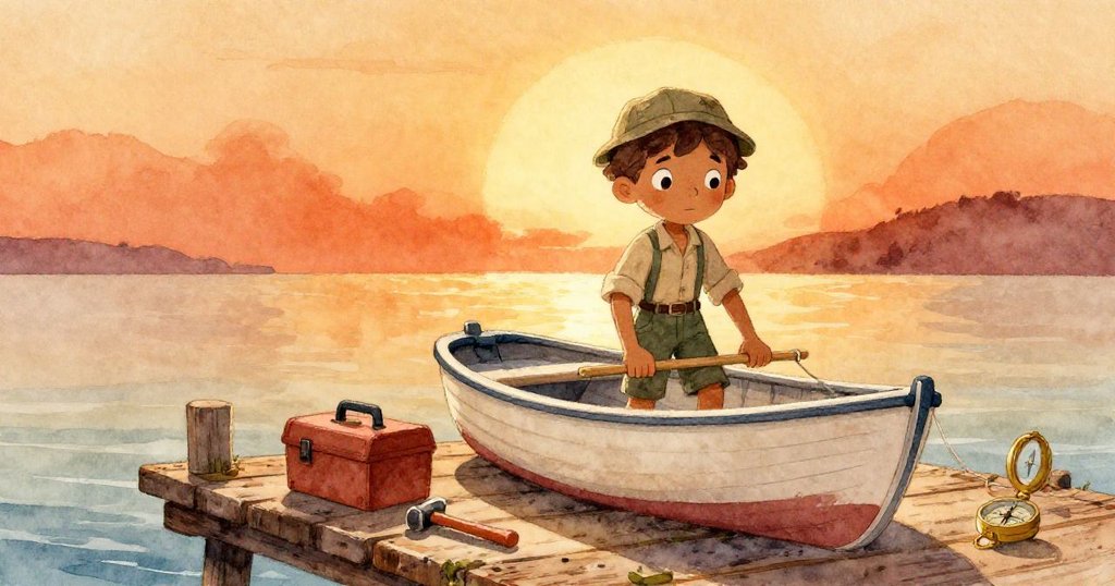 黎明時分，Leo在木碼頭上小心放下小船，身旁工具箱閃爍著光芒，展現出充滿期待與決心的情緒。