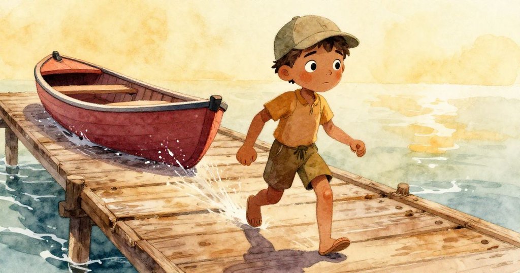 Leo 踏著堅定的步伐走向小船，木質碼頭細節清晰，傳遞出冒險前的期待與活力。