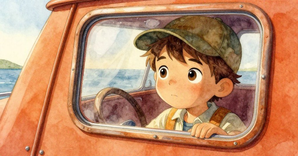 Leo 輕輕透過遊艇窗口凝望，臉上流露出好奇與渴望，映出平靜海面的柔和光影。