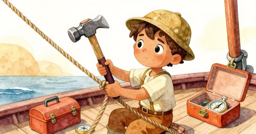 Leo 專注地用鋼鎚敲擊緊繃的繩結，展現出解決難題的機智與從容，背景為海岸動感場景。