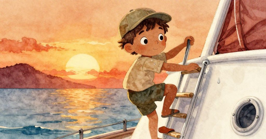 經過風浪挑戰後，Leo滿懷喜悅爬上空蕩的遊艇梯，水珠滴落展現堅持與成功，海邊夕陽柔和映照。