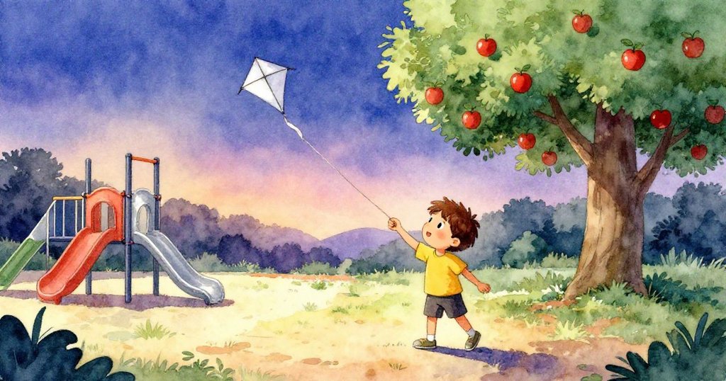 Ben手臂平衡紙風箏走在晴晨操場上,背景有蘋果樹與圍欄,神情充滿期待與輕快步伐。
