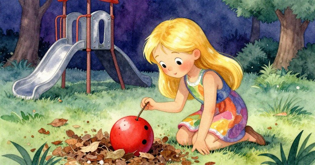 Mia從盪鞦韆區向落葉堆走來,彎腰用細棒輕觸地上的紅球,神情好奇與專注。