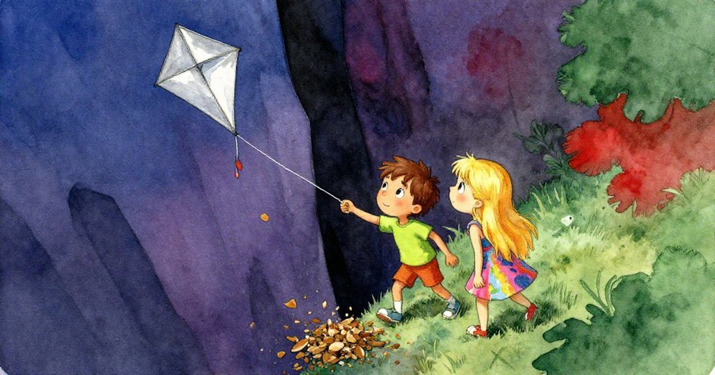 從高處視角展現Ben與Mia相遇,肩膀碰撞導致紙風箏滑落到樹葉堆中,氛圍輕快且互動自然。