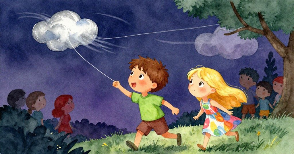 柔和微風輕撥紙風箏線與搖曳雲朵,Ben和Mia在背景靜靜觀察,自然氣息與生命律動融為一體。