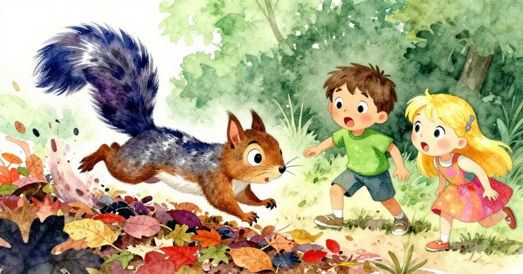松鼠敏捷竄出散落樹葉中,Ben與Mia驚訝看著,葉片飛舞如彩色追逐,場景充滿活力冒險感。