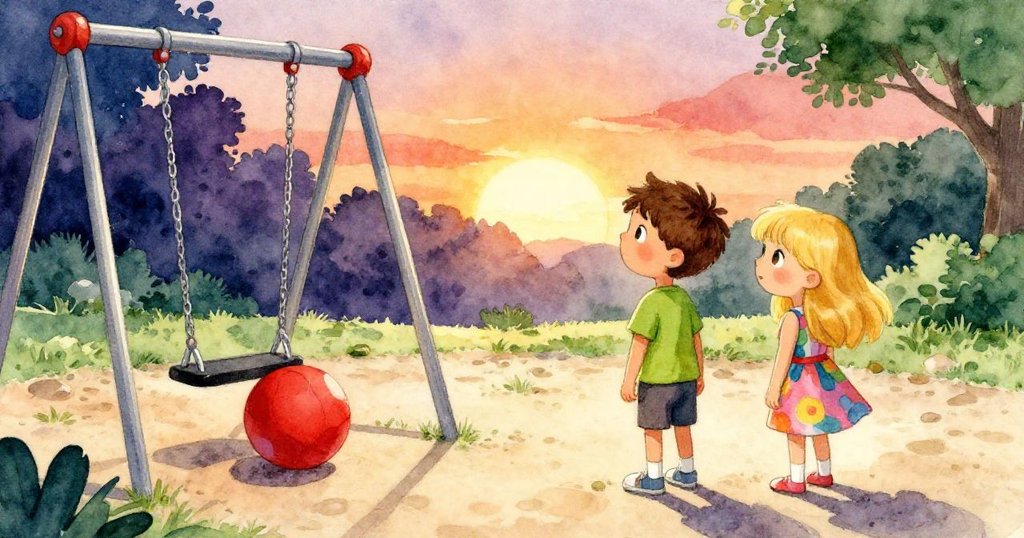 紅球彈落至盪鞦韆旁,Ben與Mia並肩站立面向遠方開放道路,夕陽下充滿期待與新冒險的心情。