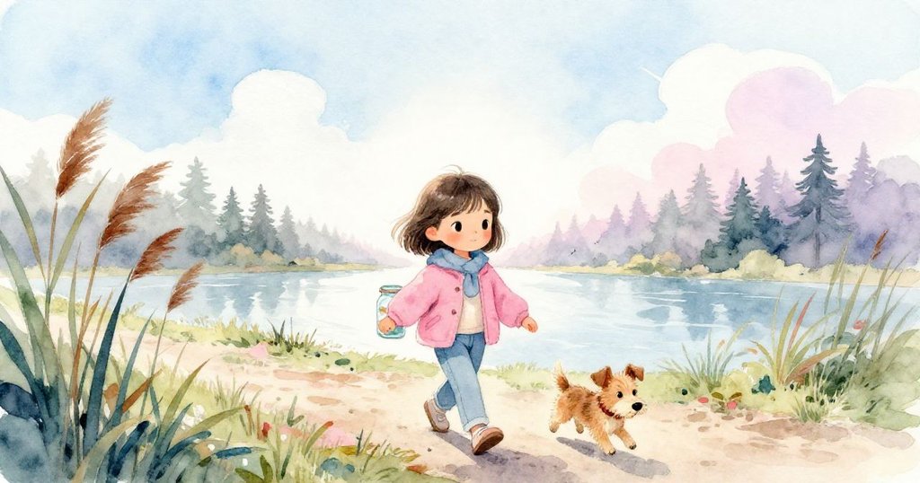 米拉與布魯諾在河邊小徑上出發，剪影效果中展現希望與冒險開始的情緒