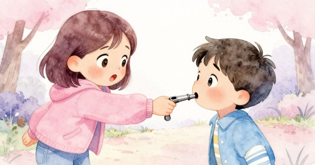 小男孩驚喜接過口哨，米拉伸手遞出物品，兩人情感交流表現出懸念轉為溫暖的時刻