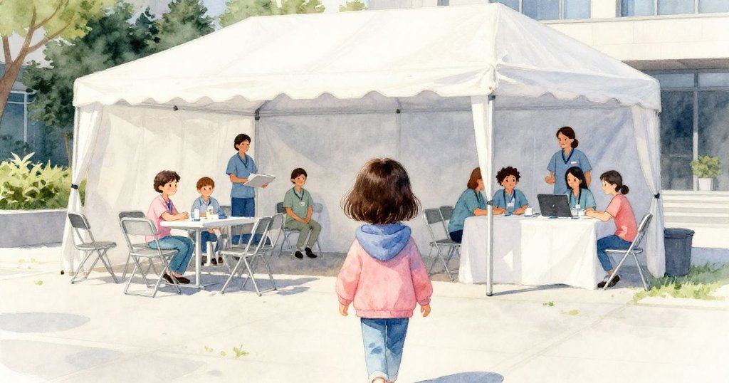 米拉從背後望向白色帳篷，志工與折椅點綴現場，呈現交托使命的動人場景