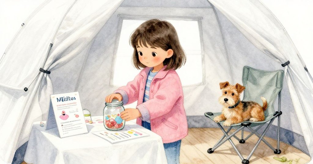 米拉在帳篷內擺放玻璃罐，布魯諾安臥旁邊，室內光線柔和突顯時光流轉