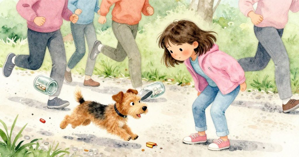 米拉急忙彎腰處理玻璃罐混亂，布魯諾在晨跑人群中奔跑，動態場景展現緊張與趣味