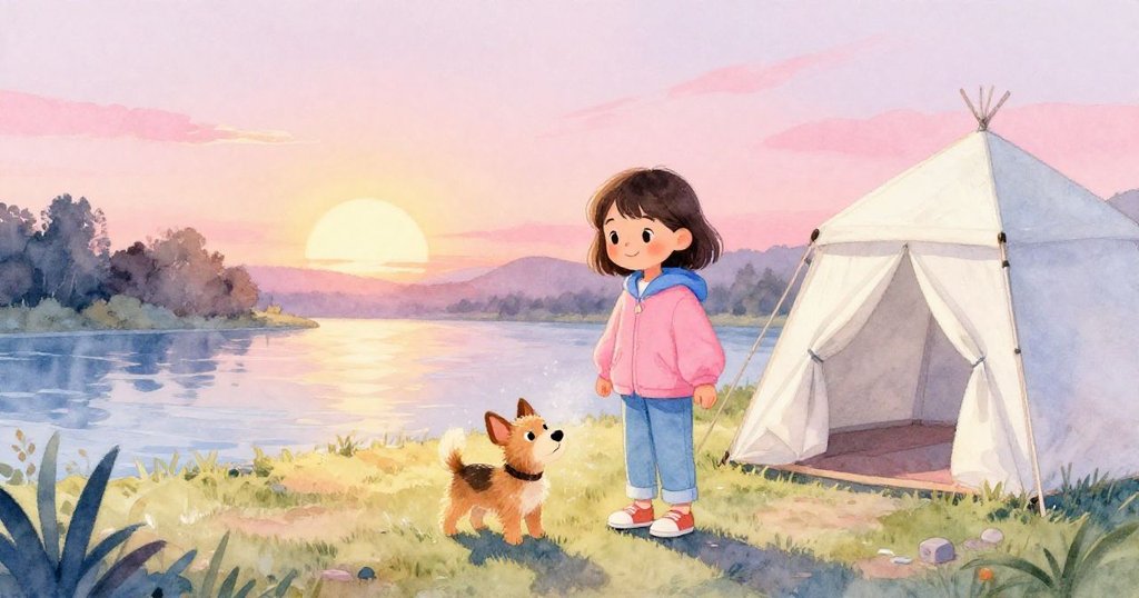 米拉與布魯諾在夕陽下於帳篷前微笑，河畔金光映襯出完成任務後的平靜與溫馨