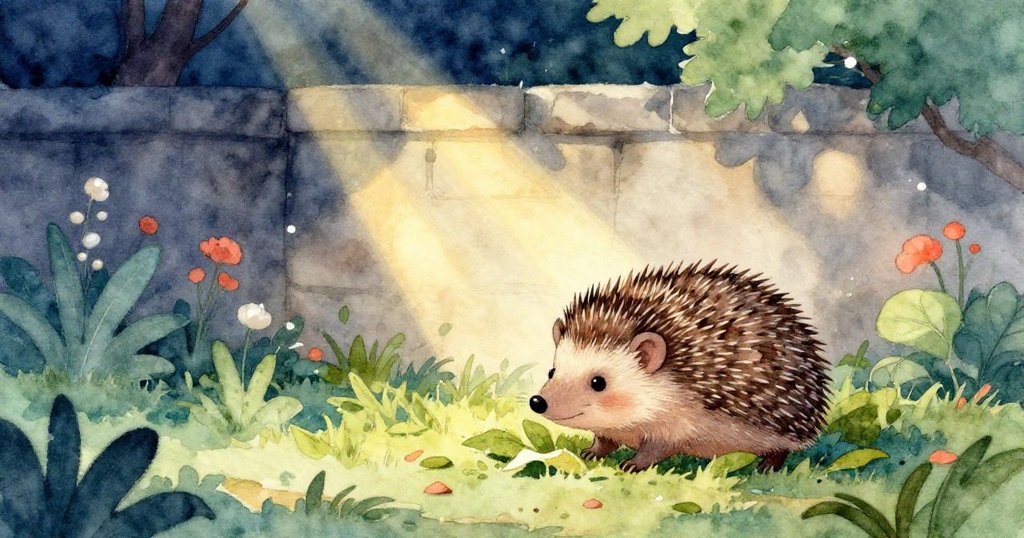 在黃昏柔和光影中，小刺蝟從樹葉堆中舒展四肢，牆邊灑落金色光線，展現探索活力與寧靜情境。