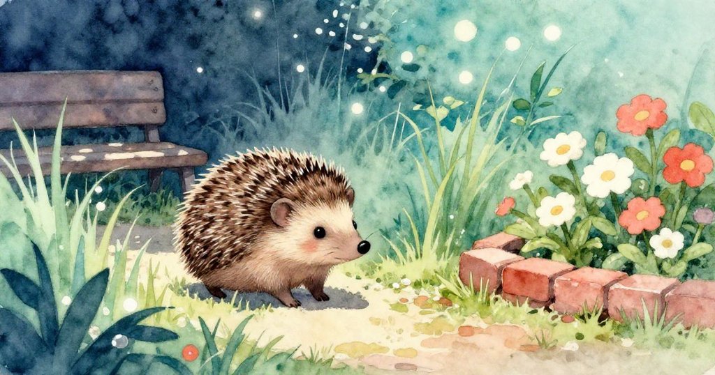 小刺蝟轉入長草區，沿著隱秘小徑於花壇旁低磚邊靠近長椅，表情中流露出探索勇氣與溫柔好奇。