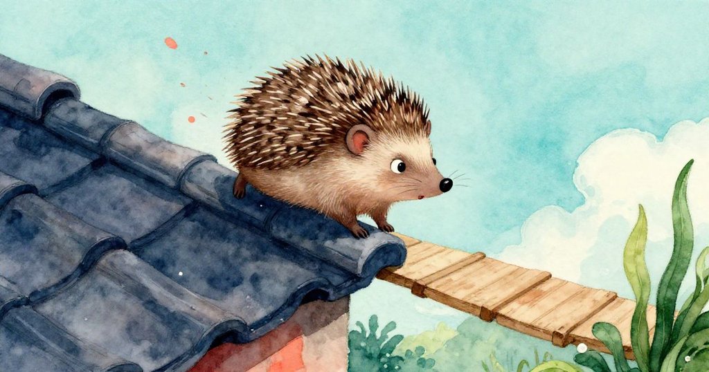 在緊張時刻，小刺蝟踩上狹窄屋瓦時意外傾斜，瞬間展露驚訝表情，畫面充滿懸念與動感。