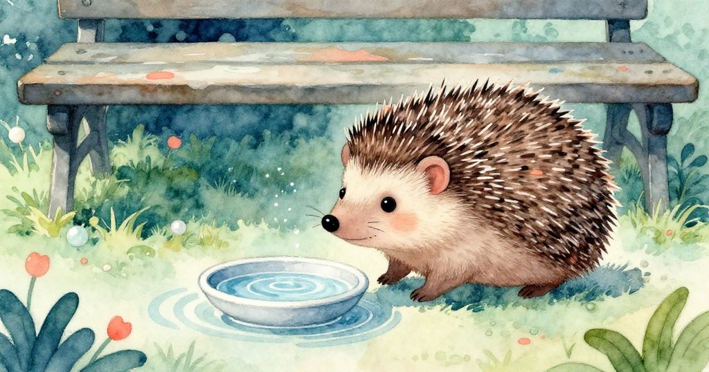 小刺蝟終於沿隱秘小徑抵達水盤，輕觸水面，展現滿足與平靜的重逢，環境充滿柔和光影。