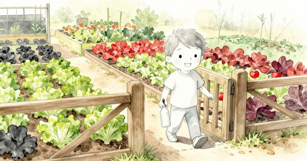 Leo走過木製花園大門，手持空瓶進入生機綠意盎然的花園，陽光灑下，充滿期待與好奇。