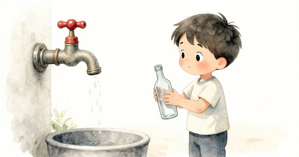 Leo專注檢查手中空瓶與古舊水龍頭，細膩的細節表現出好奇與期待，花園氣息環繞。