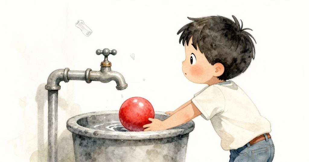 從背後望去，Leo依靠老舊水龍頭，眼神專注看著前方滾動的球和飄動的塑料片，呈現期待與互動。