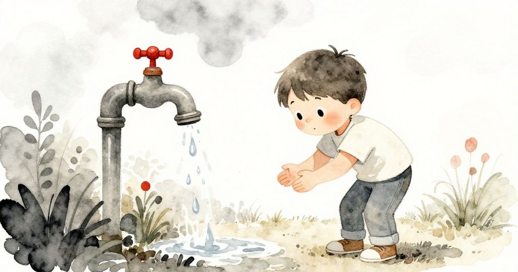 在雲開日出的花園中，Leo彎腰移動球時不慎碰觸水龍頭，水珠四濺，他露出驚喜與歡樂的笑容。