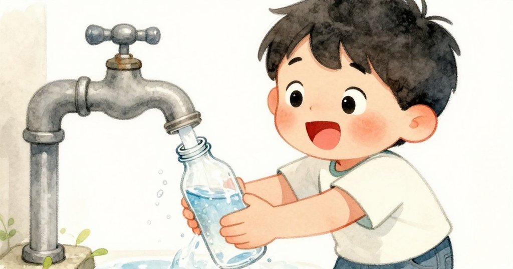 水龍頭突然噴出水弧，濕透Leo襯衫，他驚訝後開懷大笑，迅速轉動瓶子接住流動清水，表情生動。