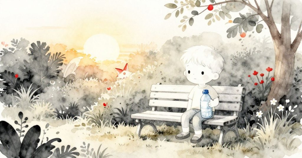 夕陽下，Leo輕放滿水瓶於花園長椅上，金光灑落，花園呈現寧靜與溫暖，故事落幕充滿歸屬感。