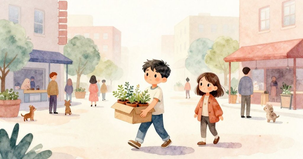 Milo與Tessa在社區中心庭院啟程，周圍有許多行人和小動物，充滿期待與溫馨氛圍。