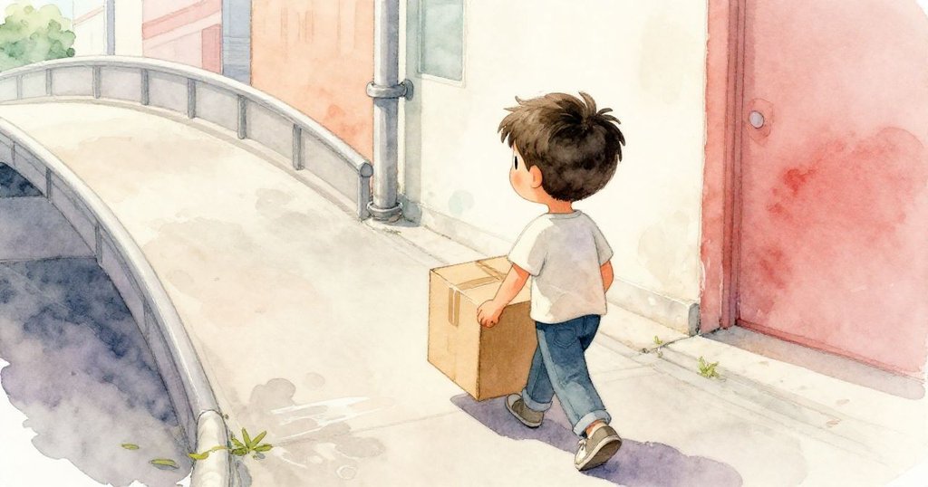 從Milo肩後視角看，他行走於彎曲坡道上，腳步因光滑地面露出不安神情，背景呈現都市細節。