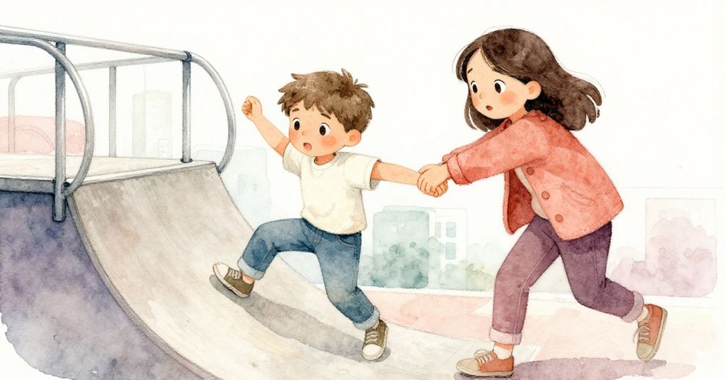 Tessa急伸手抓住Milo袖子，穩住快滑倒的他，兩人互助中展露堅定與溫情，場景充滿都市質感。