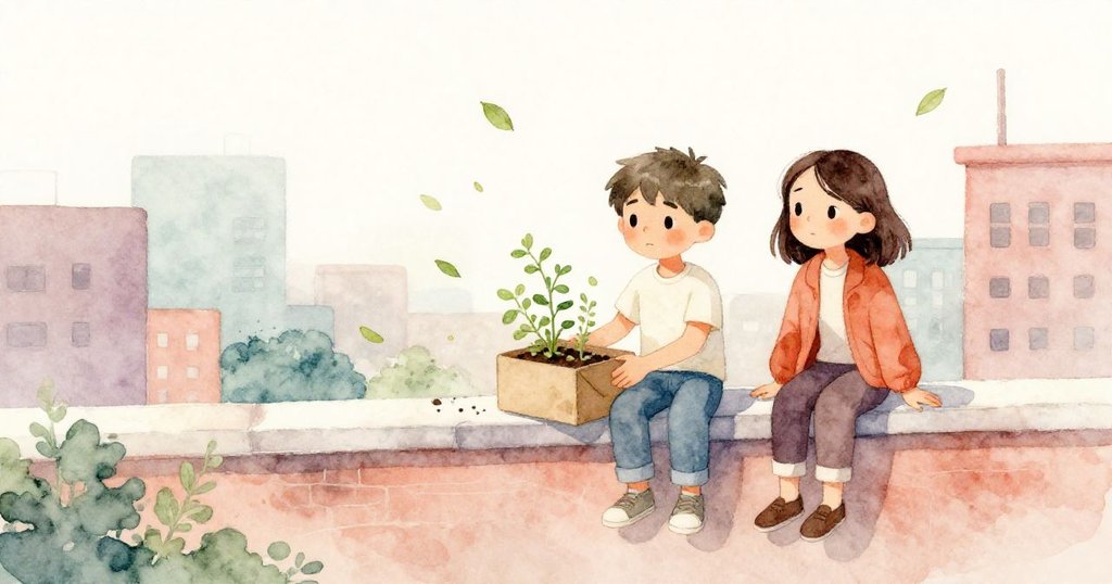 Milo與Tessa攜手登上屋頂，新鮮綠葉隨風舞動，兩人於陽光下靜享平和與希望，結束冒險。