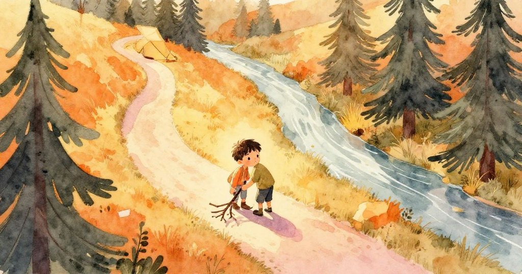 從高空俯瞰露營地，Leo忙著沿著彎曲小徑採集細枝，靜謐溪流與高聳樹木交織出溫暖黃昏美景。