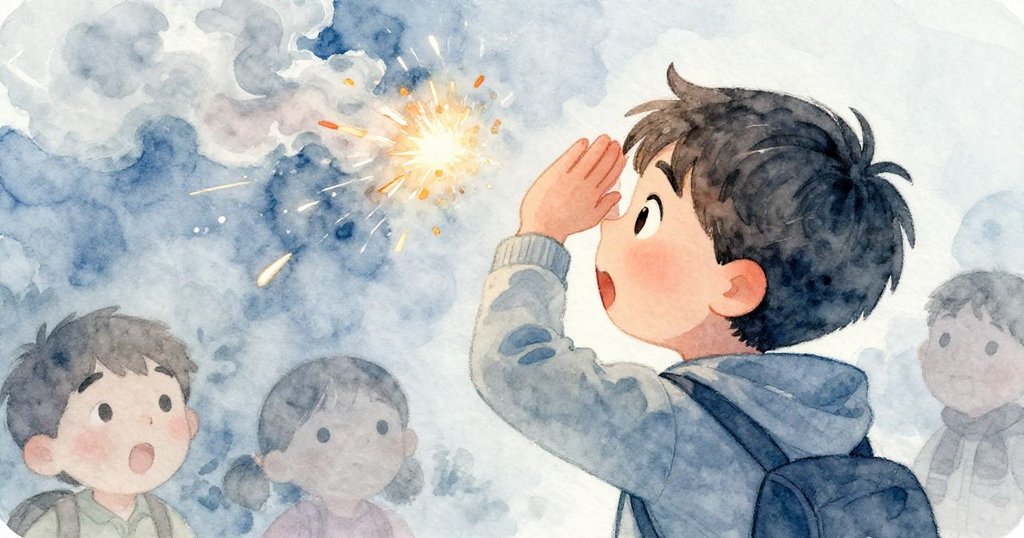 透過身後視角見Leo驚訝地舉手遮眼，火花與煙霧飛散中，他的神情迅速展現決心與警覺。