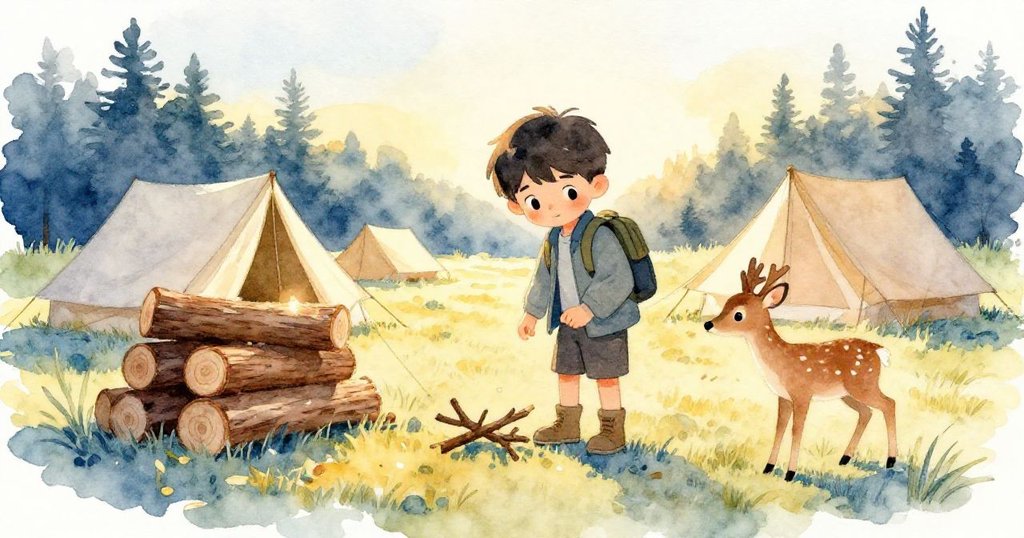 從高處俯瞰露營區，Leo忙碌旁邊堆放枝條，年幼的鹿悄悄探視，展現大自然的好奇與和諧。