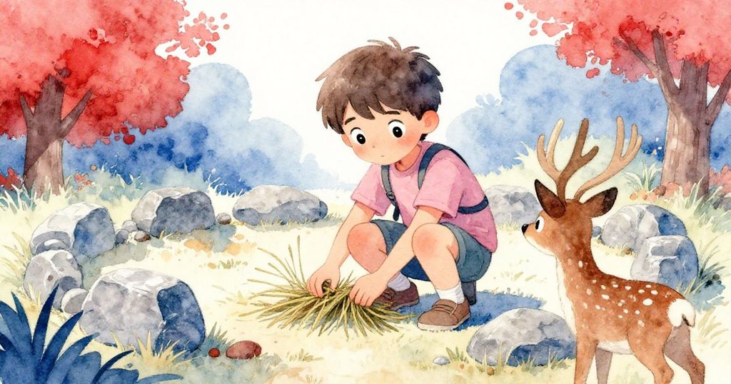 在緊湊緊張氛圍中，Leo蹲在石圈旁仔細撿乾草，引誘守衛樹枝的鹿，火光與冷色調交織中展現聰明應對策略。