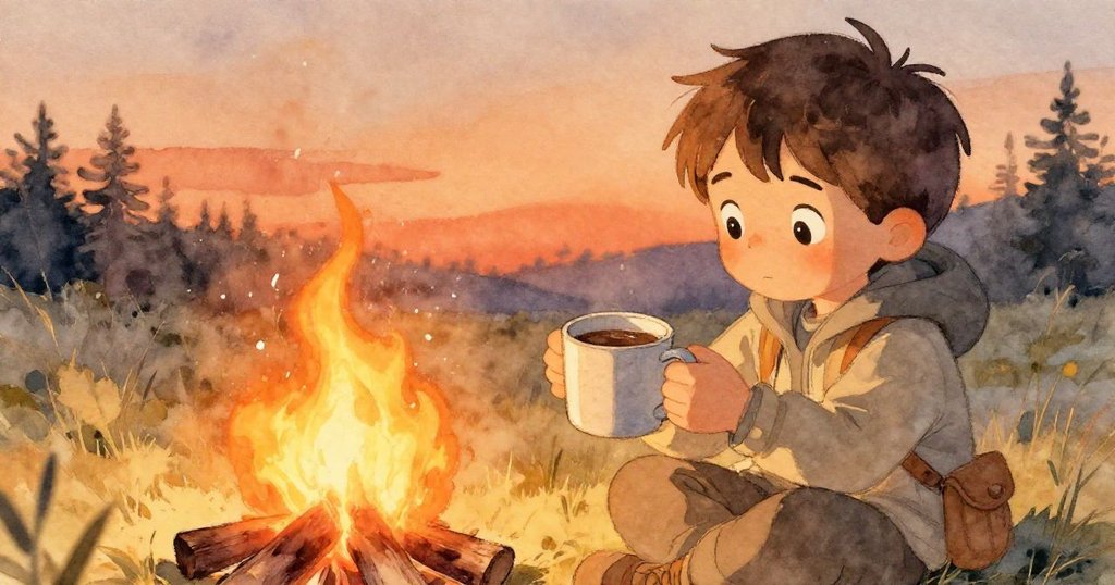 在和煦黃昏中，Leo滿足地舉起冒著熱氣的可可杯，露營區火光柔和，寧靜氛圍中展露出一天辛勞後的平和與快樂。
