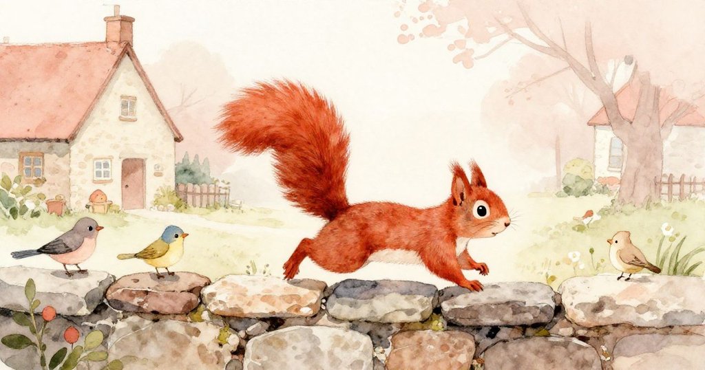 紅松鼠與小動物在石牆旁奔跑，清晨光線灑落濕潤葉片與小屋背景，充滿生機與歡樂。