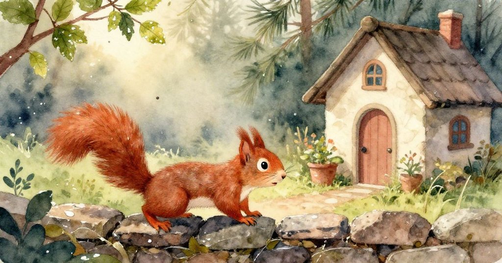 紅松鼠好奇聞著閃光橡果，窗台玻璃映出微光，細膩紋理與溫和色調突顯早晨情境。