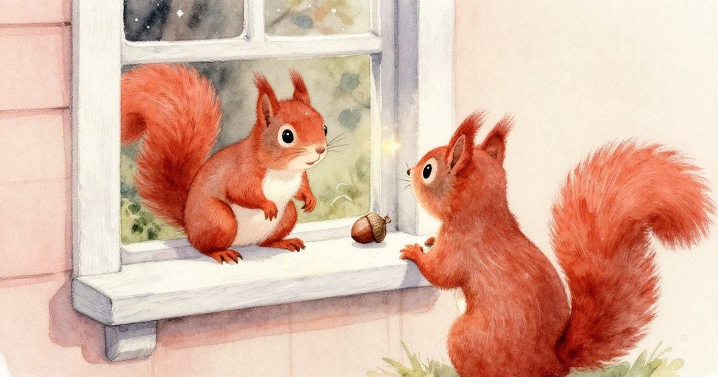 從紅松鼠肩後望見高窗台上閃亮橡果，牠滿懷期待與決心，窗面細節清晰呈現。