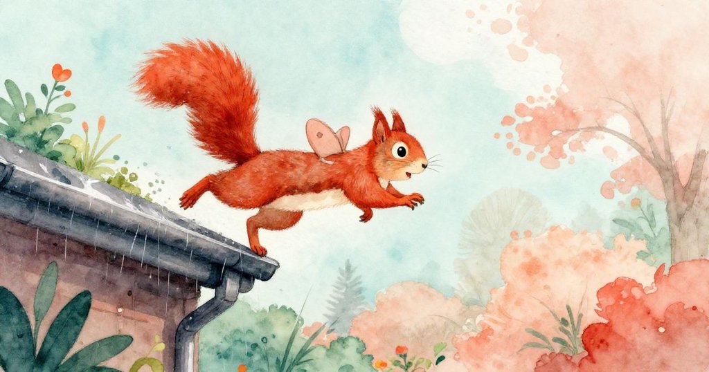 紅松鼠迎著清晨微風跳向雨槽，庭院中動感呈現，背景植物與石牆共同彰顯活力。