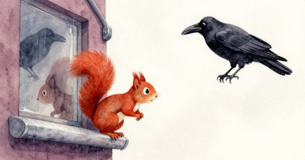 紅松鼠緊抓雨槽時，黑烏鴉突然降臨映在玻璃上，雙影交疊，緊張氣氛席捲整個場景。