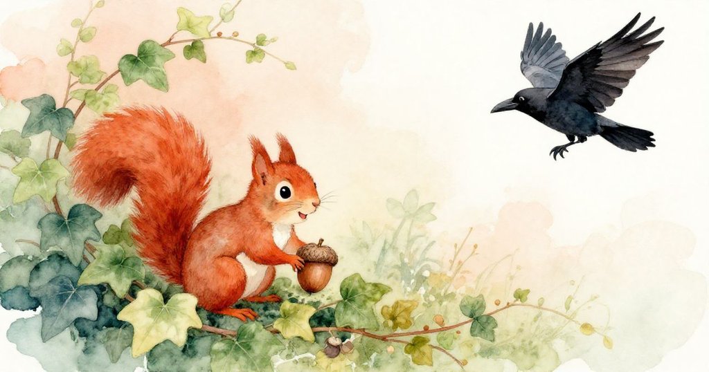 紅松鼠抱著橡果快樂退入綠蔭常春藤中，烏鴉遠飛探究閃亮包裝，庭院恢復平和溫馨。