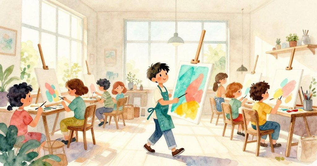 Leo在工作室內穿行於人群中，手提畫布，晨光灑進高窗，神情期待，背景有其他忙碌藝術家。